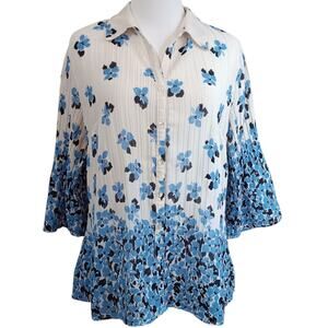 Y2K FASHION BUG Retro Top Blouse Medium Accordion Pleats Flare Floral Bloom Blue
